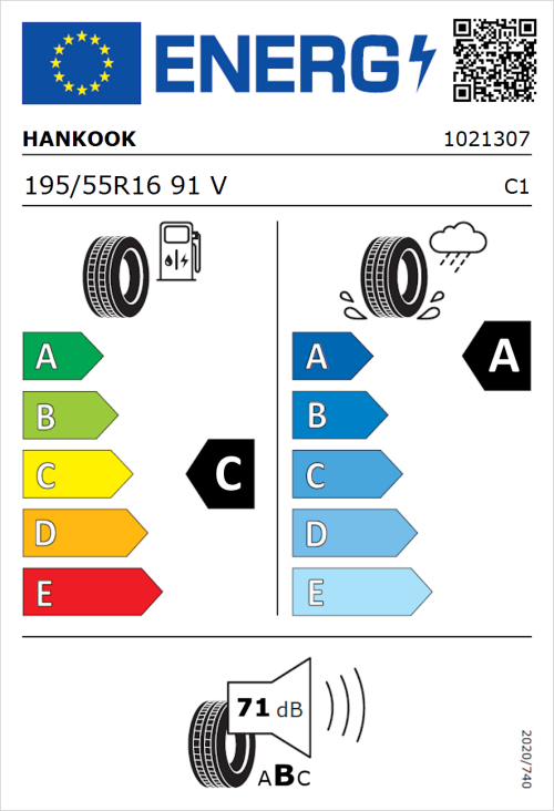 Tyre Label for Hankook Ventus Prime 3 K125 195/55R16 91V